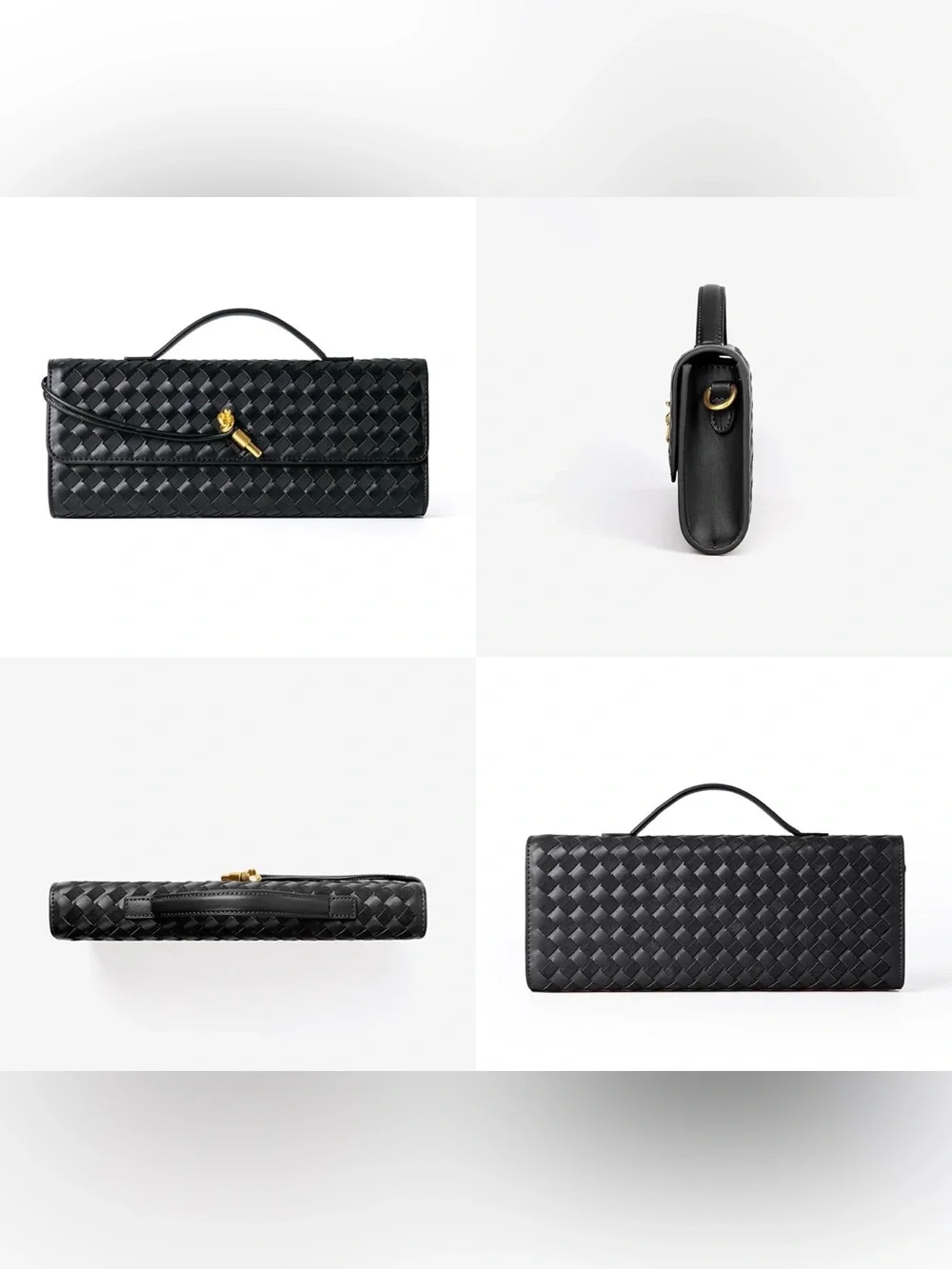 Black Woven vegan Leather Top-Handle Clutch with Gold Accent